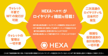 メディアエクイティ のNFTニュース|HEXA（ヘキサ）がNFT二次流通時にも継続的に著作者に報酬が入るロイヤリティ機能を搭載！ガス代・仮想通貨不要ですべて日本円完結できるNFT発行・販売・転売サービス