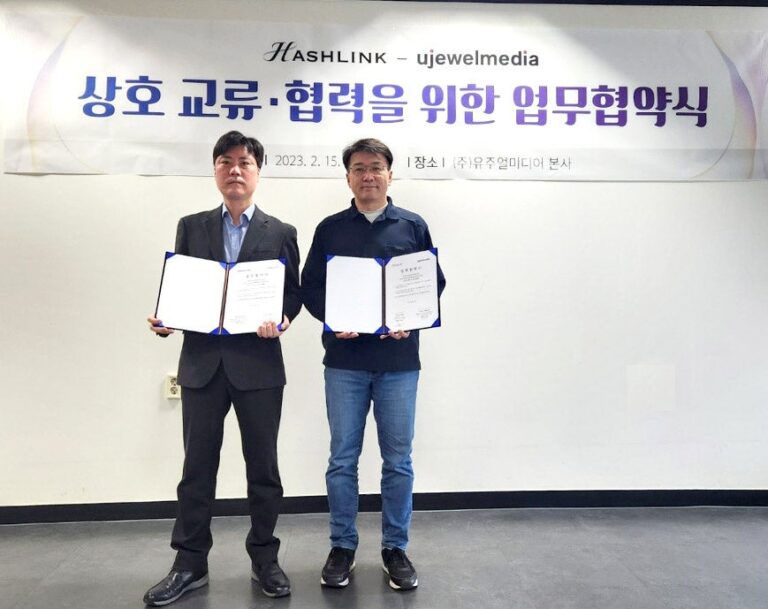 左から　ユジュアルメディア代表取締役 ミン・ソンウク氏、HashLink代表取締役　李 炫雨