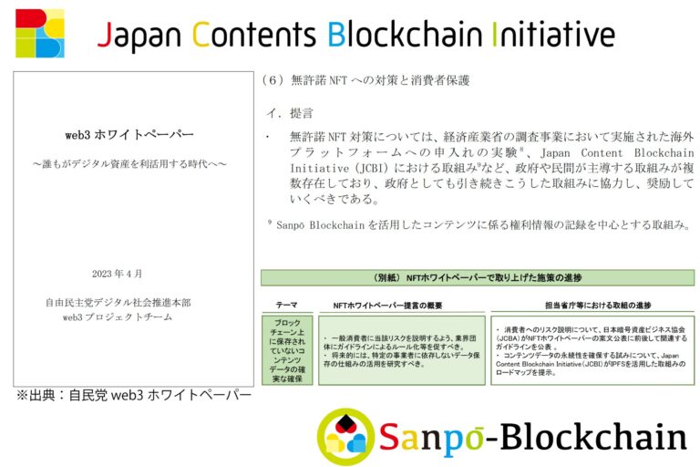 自民党web3ホワイトペーパーにおけるSanpō-Blockchainを活用したコンテンツに係る権利情報の記録を中心とする一般社団法人JCBIの取組みの取り上げ