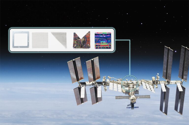 今回打ち上げるアート作品（レイヤリングの様子）と国際宇宙ステーションに取り付けられる位置を示したイメージ図