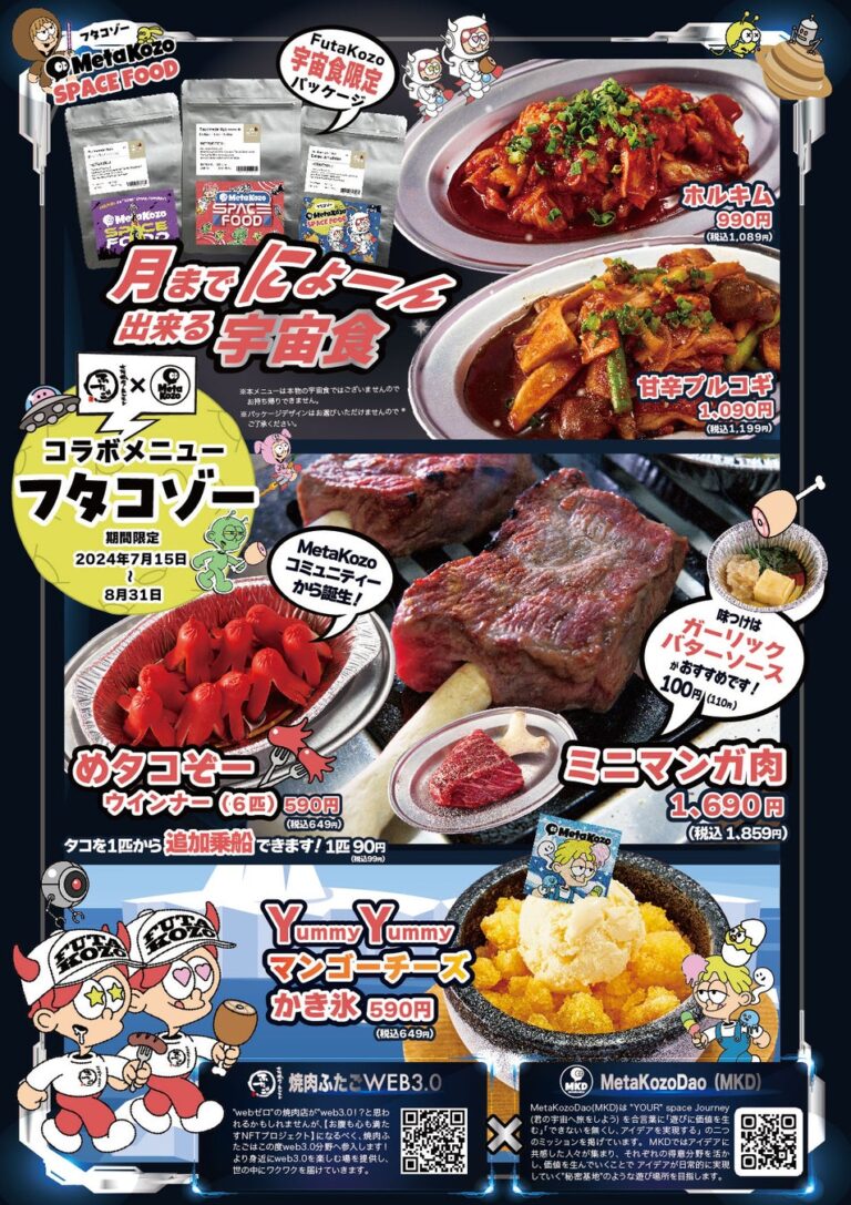 “名物!!黒毛和牛のはみ出るカルビ”の「大阪焼肉・ホルモン ふたご」と人気NFTコレクション「MetaKozo」とのコラボメニューが期間限定で登場！