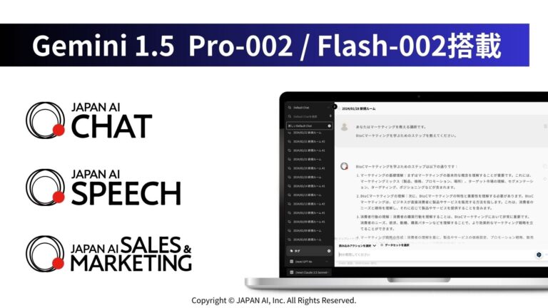 JAPAN AI株式会社、Googleの最新LLM「Gemini 1.5 Pro-002 / Flash-002」を搭載したAIサービスを展開