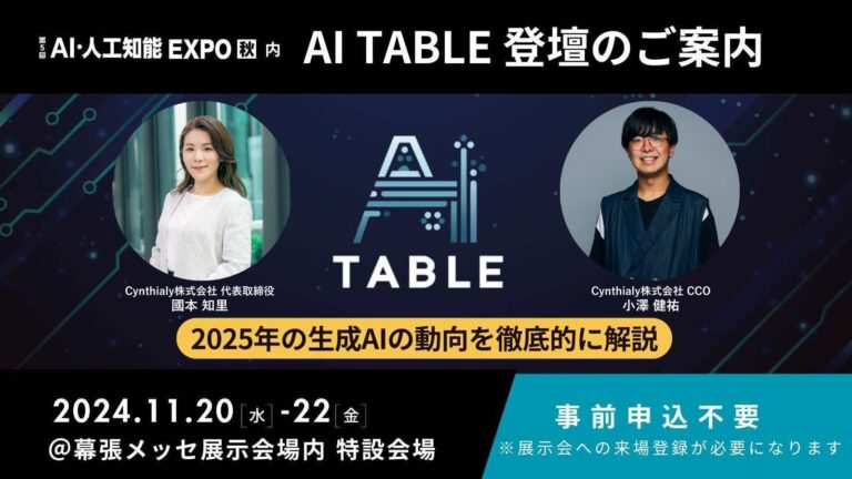 Cynthialy、AI・人工知能EXPOで「AI Table」に登壇決定